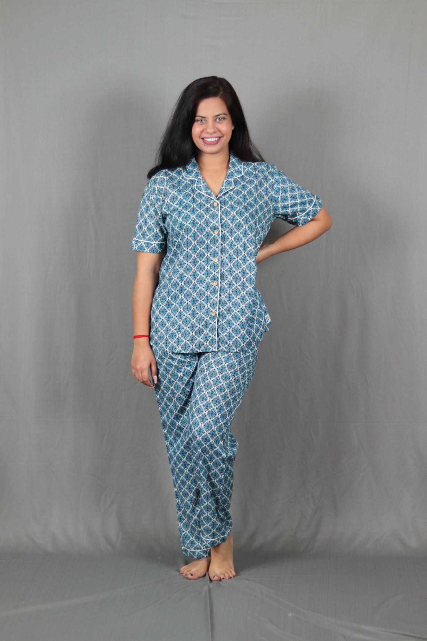 Blue Jaccard Print Long PJ Set