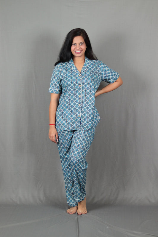 Blue Jaccard Print Long PJ Set