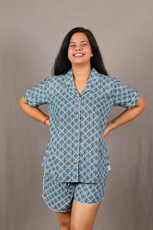 Blue Jaccard Print Short PJ Set