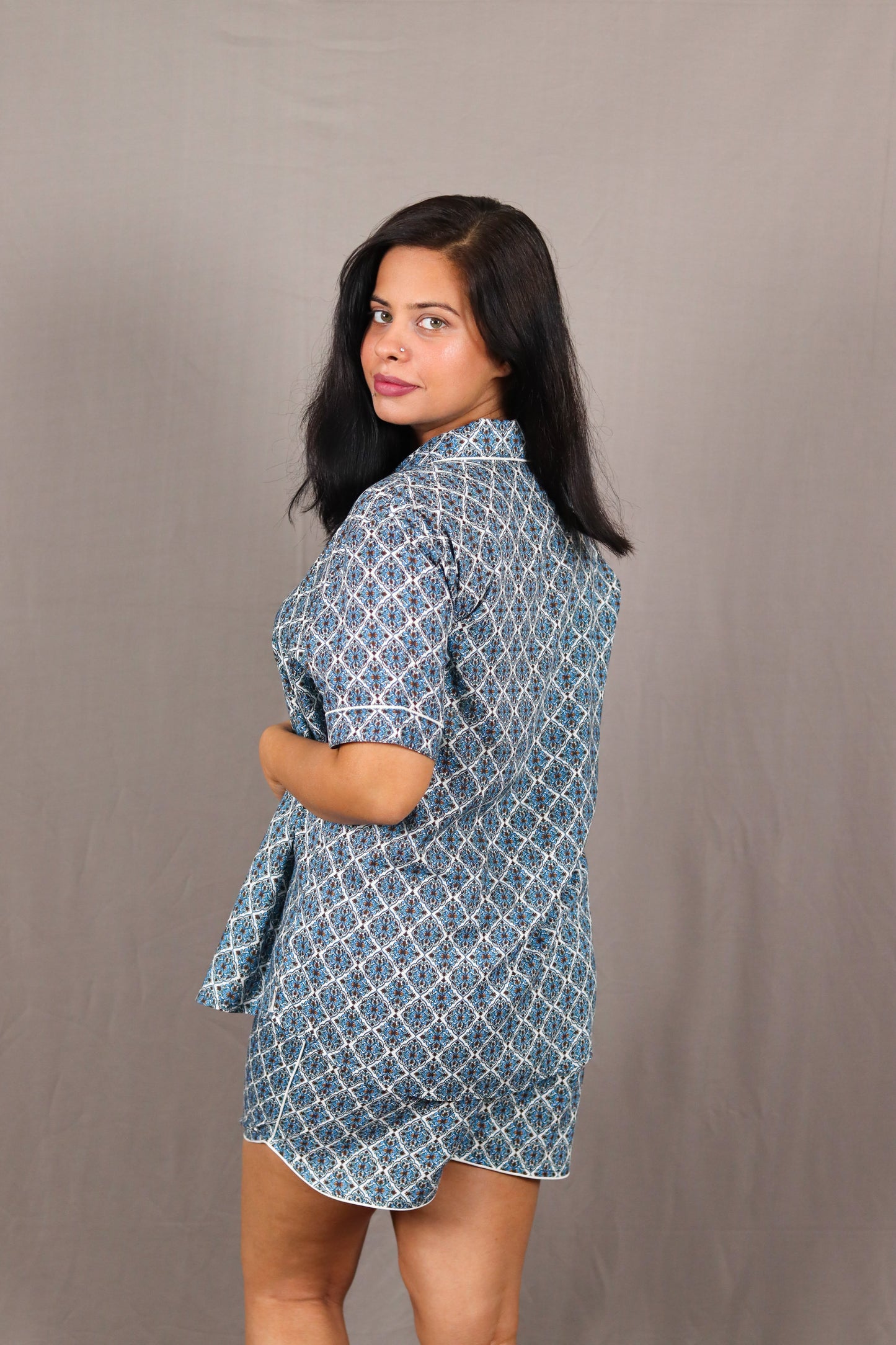 Blue Jaccard Print Short PJ Set