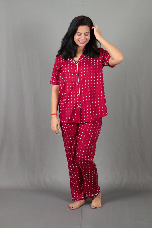 Maroon Leaves Printed Long PJ Set