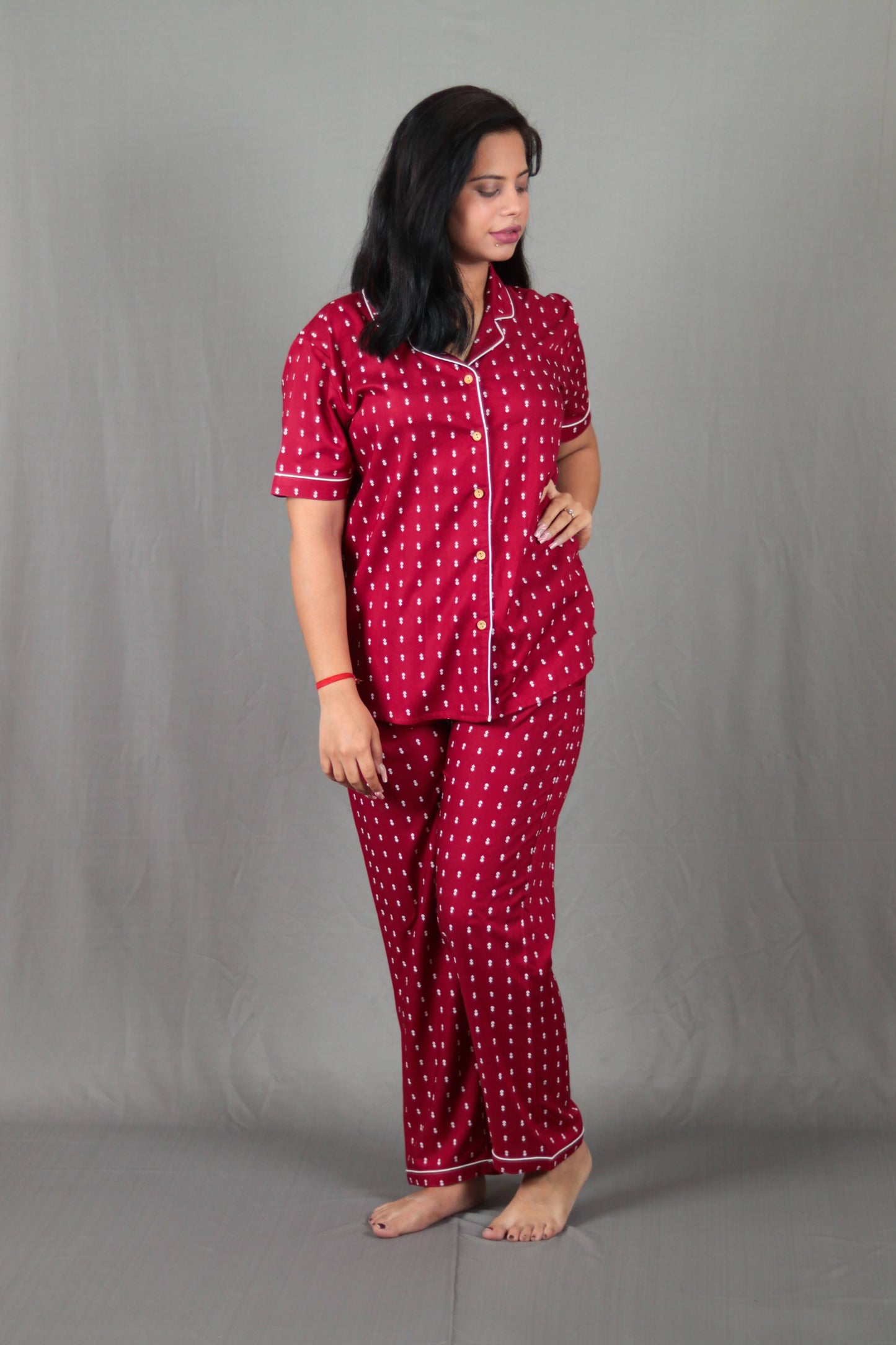 Maroon Leaves Printed Long PJ Set