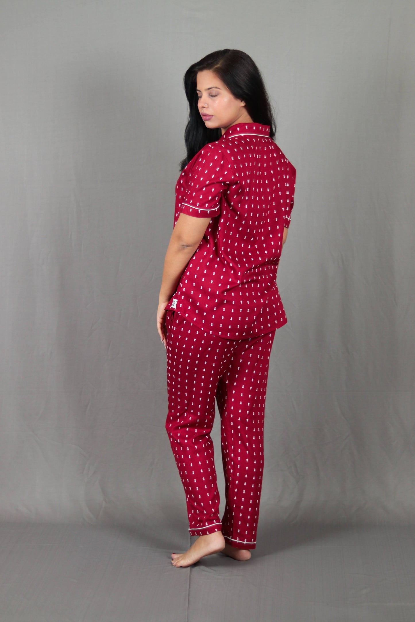 Maroon Leaves Printed Long PJ Set