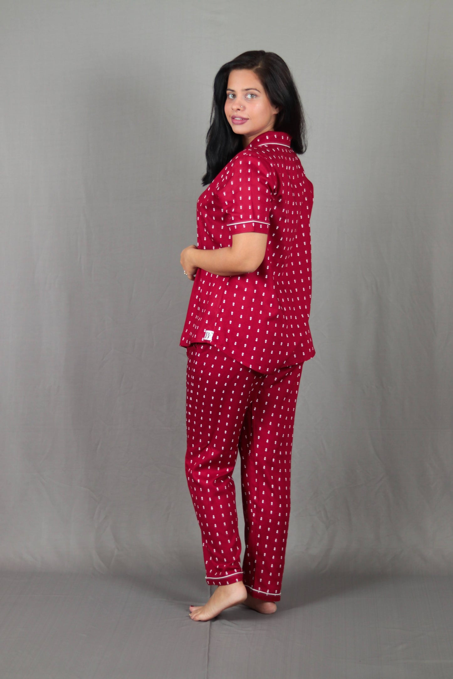 Maroon Leaves Printed Long PJ Set