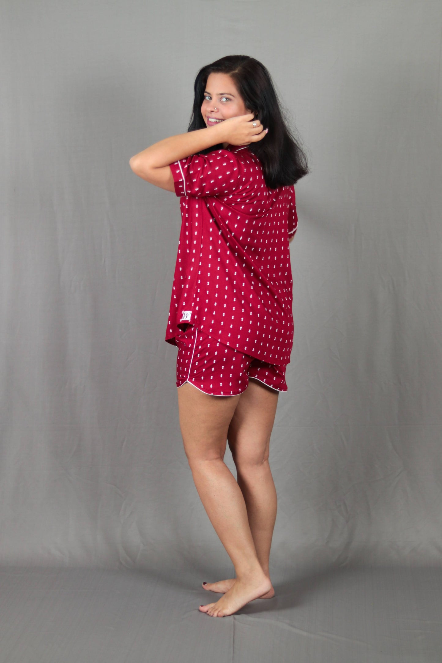 Maroon Leaves Printed Short PJ Set