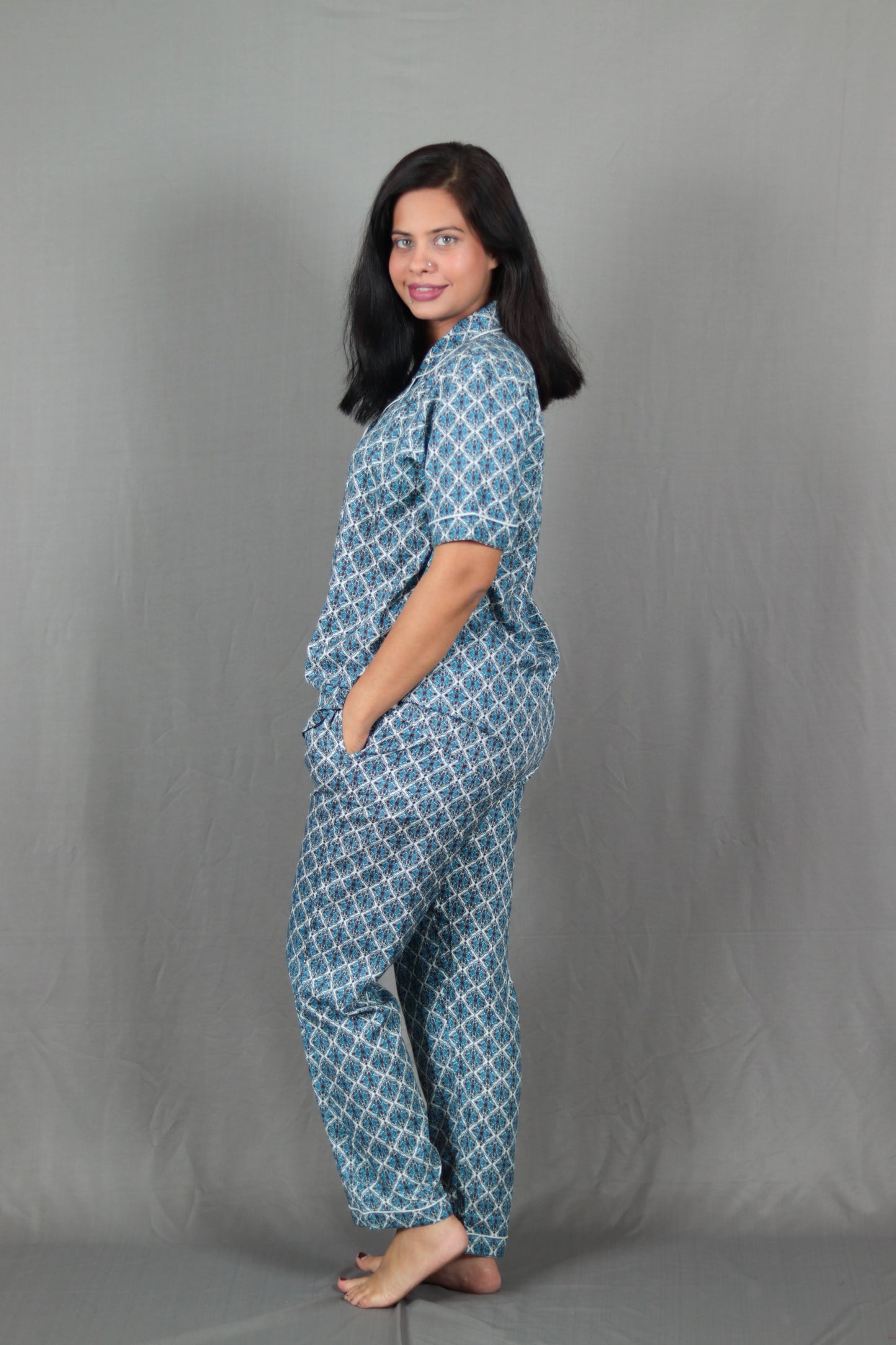 Blue Jaccard Print Long PJ Set